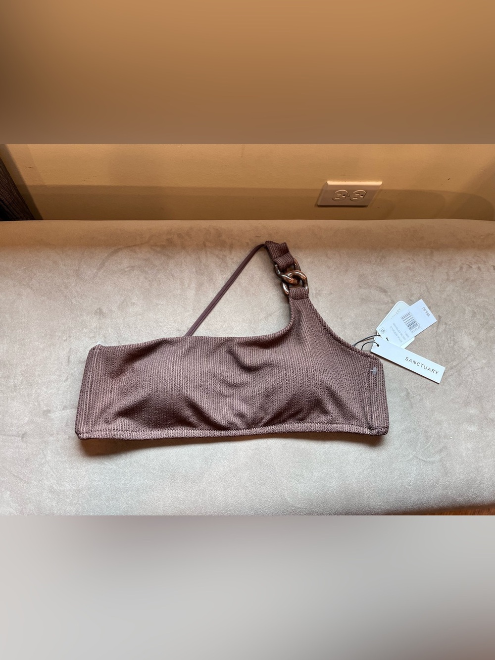 Sanctuary One-Shoulder Ribbed Bikini Top in Espresso Brown